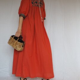 インド綿　ブロックプリント　切り替えワンピース　ブリック