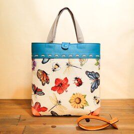 A4薄マチの正方形やわらか手さげ【本革×織テキスタイル】