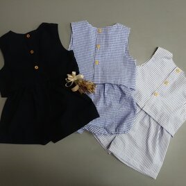 紺色　ベビーセットアップ　80サイズ　ベスト&ショートパンツかぼちゃパンツ　播州織　綿素材の画像