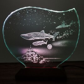 ジンベイザメ・マンタ・モンサンミッシェル　ガラスエッチングパネル・LEDスタンドセット（ランプ・ライト・照明）の画像