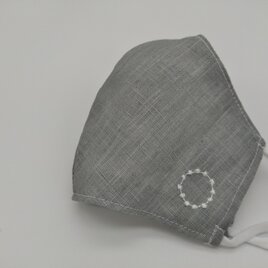 まんまる刺繍❁グレー麻100％立体マスク（調節ゴム・ポケット付き）の画像