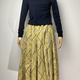【着物リメイク】タック＆ギャザースカート/カラシ地にグリーン・オフ白抽象柄の画像