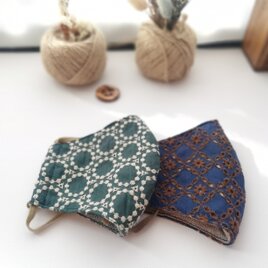 ノスタルジックな花刺繍レース＋ダブルガーゼマスク　グリーン・ネイビー　小さめ・ふつう・大きめ