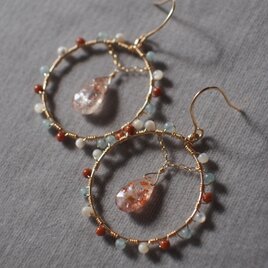 【一点もの】14kgf サンストーンのアースカラーフープピアス k14gf　タンザニア産　マイカサンストーン