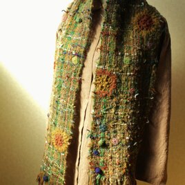 手織り 毛糸のマフラー （ アップリケ ）の画像