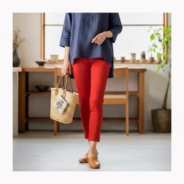 穿いている感じがしない美脚スキニーストレートストレッチロングパンツ:7～13号の方対応！通年使用◎赤コーラルレッド