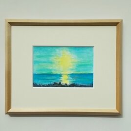 絵画 インテリア 額絵  水彩画 水彩とクレパスのコラボ画 空と海と光との画像