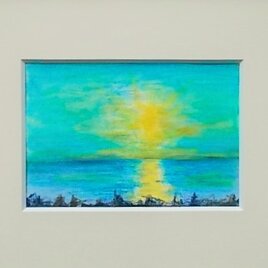絵画 インテリア 額絵  水彩と色鉛筆のコラボ画 空と海と光との画像