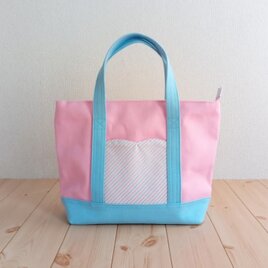 【在庫処分SALE40%OFF】ファスナー付き☆ハートポケットのトートバッグ　ピンク×水色帆布　春    　267