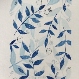 シマエナガのかくれんぼ　原画　水彩　ブルーがさわやか　玄関やお部屋飾ったり新築祝い入学祝いとしても喜ばれます