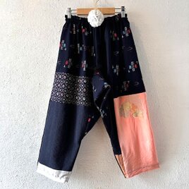 着物・浴衣リメイクサルエルパンツ　　ブルー