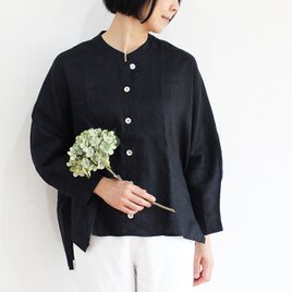 再販★貝ボタンドルマンスリーブリネンブラウス【ブラック】
