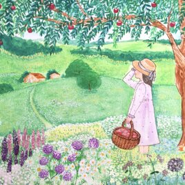 りんごの木と花畑　アクリル　原画　子供部屋や玄関に飾ったり　新築祝いにも喜ばれますの画像