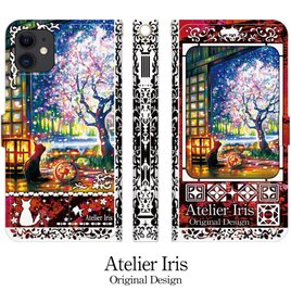 【和みの夜桜】猫 油絵 iPhone 手帳型 スマホケース 携帯ケース 送料無料 赤テクスチャーの画像