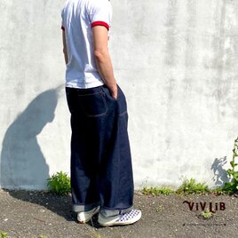 男女兼用/白ステッチ/岡山セルビッジデニム ワイドイージーパンツ