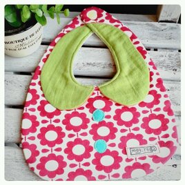 丸襟スタイ　レトロフラワー　レッド×グリーン