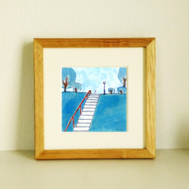 犬の絵｜原画「夕方の公園で」 ※木製額縁入り　(18×18㎝フレーム）の画像