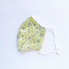クリームイエロー×サファイアブルー ボタニカル柄 コットンマスク 手縫い