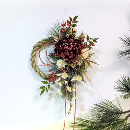 お正月 しめ縄リース ns627 大輪マム（ワインカラー） アーティフィシャルフラワー