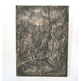 フクロウと深い森のウッドバーニングアート 原画 絵画 植物画 木雑貨 木工 アナログイラスト アクリル画