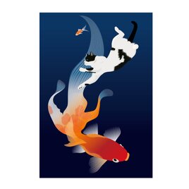 白黒猫と金魚 A4プリントの画像