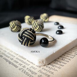 　【フォークリング】Black onyx 金入り玉結び×フォークリング　　和装　成人式　お正月