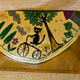 猫のデザイン　レザークラフト　ハーフ名刺入れ　自転車猫　黄系　オール手染めヌメ皮革