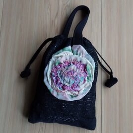 ＊ 布のお花のポーチ／ワンハンドル＊手付き巾着＊＊の画像