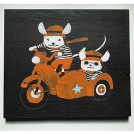 ネズミとバイクのウッドバーニングアート 原画 絵画 動物の絵 木雑貨 木工 アナログイラスト アクリル画の画像