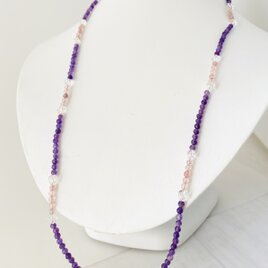 【ロングネックレス】アメジスト・キュウーブ水晶・ストロベリークォーツ♪