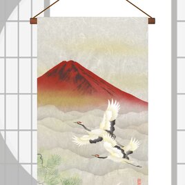 お正月に最適　縁起が良い赤富士と二鶴　手染め京友禅和紙タペストリー　の画像