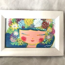 「お花の女の子」手描きのミニイラスト☆名刺サイズ絵画の画像