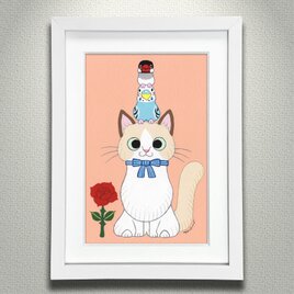 絵本作家の原画「原画「猫と花と小鳥ブレーメン ラグドール」の画像