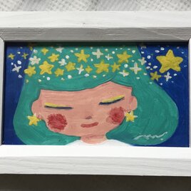 「星の女の子」手描きのミニイラスト☆名刺サイズ絵画の画像
