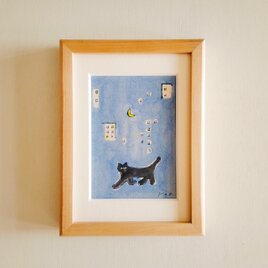 【一点物 原画】「黒猫夜散歩」 2L木製額縁入り・ペン画・水彩・黒猫・猫の絵