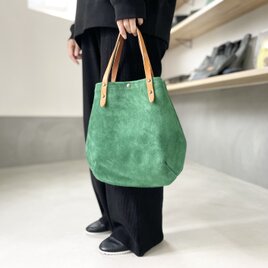 牛床ベロアと極厚オイルヌメの丸型トートバッグ S-size【グリーン】の画像