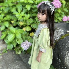 お姫様になれちゃう♥(七部袖への変更可能)　バックリボンとサイドフリルが可愛いワンピース　　ダンガリー　爽やか　グリーン