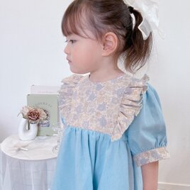 お姫様になれちゃう♥(七部袖への変更可能)　バックリボンとサイドフリルが可愛いワンピース　　ダンガリー　シンデレラカラー