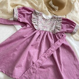 お姫様になれちゃう♥(七部袖への変更可能)　バックリボンとサイドフリルが可愛いワンピース　　ダンガリー　無敵ピンク