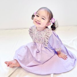 お姫様になれちゃう♥(七部袖への変更が可能)　バックリボンとサイドフリルが可愛いワンピース　　ダンガリー　ラプンツェルカラー