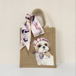 オリジナル シーズー 手描き ジュートバック 鞄 size S ツイリー スカーフ 付 犬 カゴバッグ かごバッグの画像