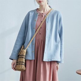 水色 ニットカーディガン ニットジャケット 秋冬 丸ネック