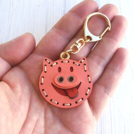 本革 ブタ ネームタグ キーホルダーの画像