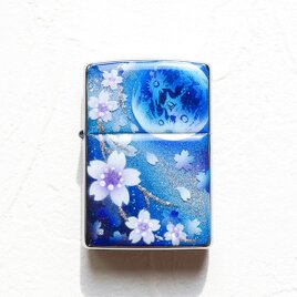 手描き ZIPPO 蒼月と桜 ジッポ ライター 箱付き 銀箔の画像