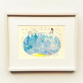 犬の絵｜原画「冬の夜の散歩道」※木製額縁入り（インチサイズ）