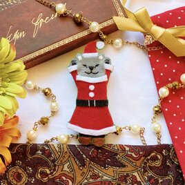 ●SOLD OUT●一点物【おめかしおねむねこミニブローチ】ロシアンブルーちゃん（猫・フェルト・サンタクロース・クリスマス）の画像