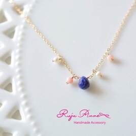 SALE＊14kgf＊ラピスラズリ(ドロップカット)×ピンクオパール×淡水パールのネックレスの画像