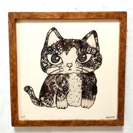 額付き銅版画作品　title「未来ニャンコ」