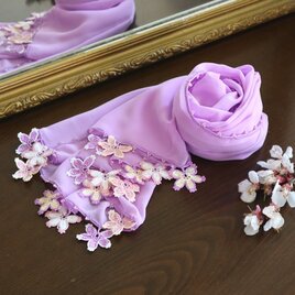 【受注制作】オヤレースの花付き　シフォンストール「桜」ラベンダーの画像