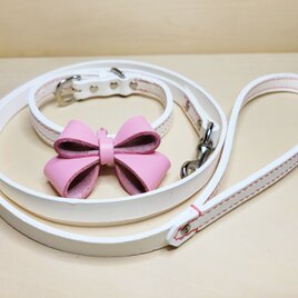 本革製　小型犬向き　【リード＋リボン付き首輪】Set (ホワイトｘライトピンク＊リボン）　＊完全受注作成＊の画像